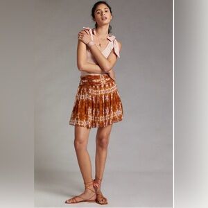 Ruched Floral Mini Skirt in Rust and Pink